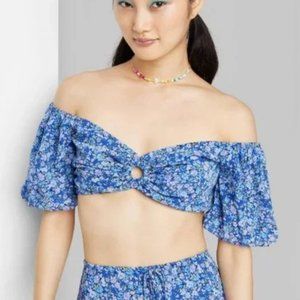 Blue floral puff sleeve crop top with lattice tie up back